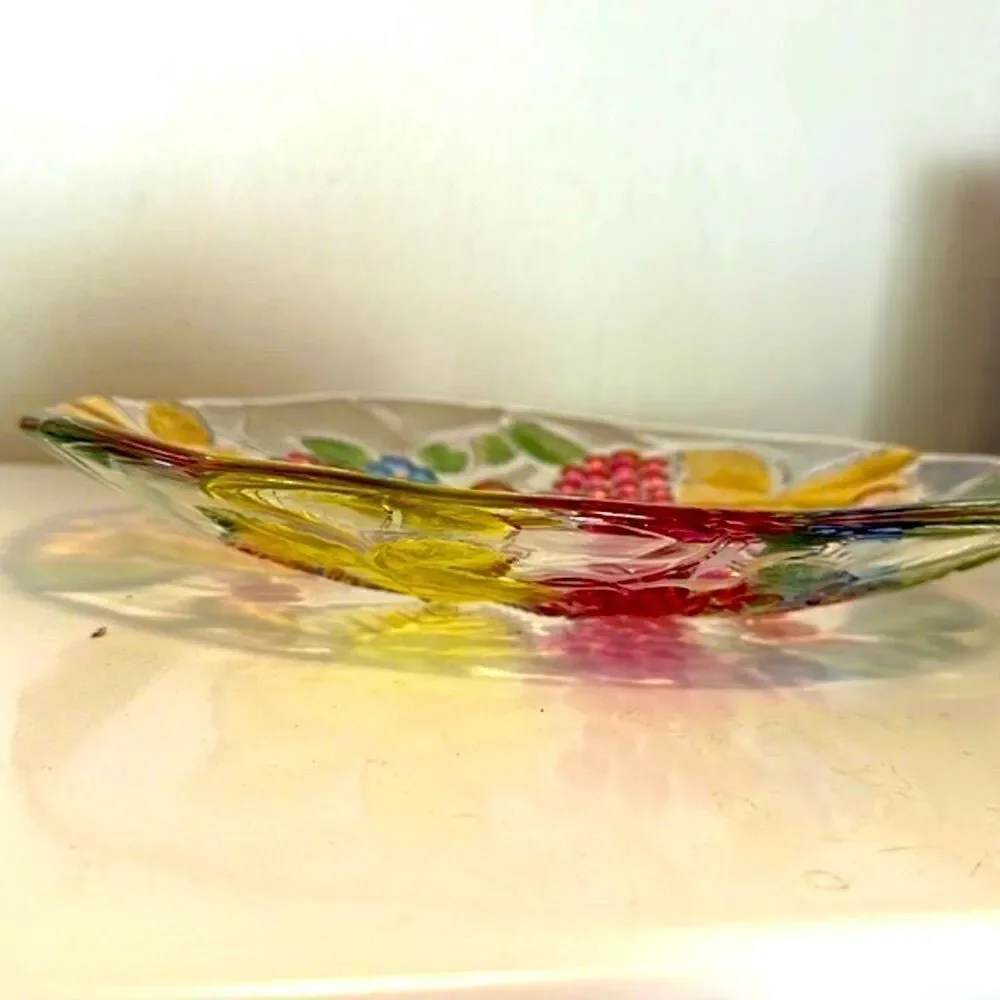 Vintage SOGA GLASS or Mikasa Large Bowl Leaves Grapes Strawberries Cherries